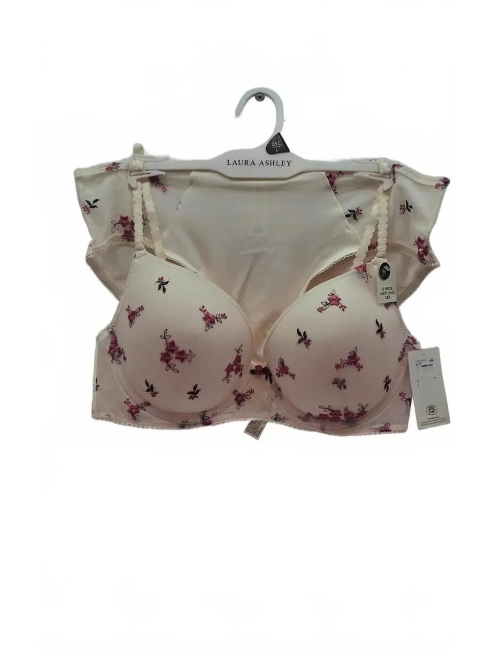 Laura Ashley Floral Embroidery Bra & Hipster Set 36C Large Pink